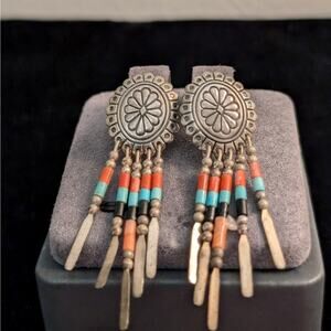 Vintage QT Sterling Silver Concho Medallion Beaded Dangles Post Earrings